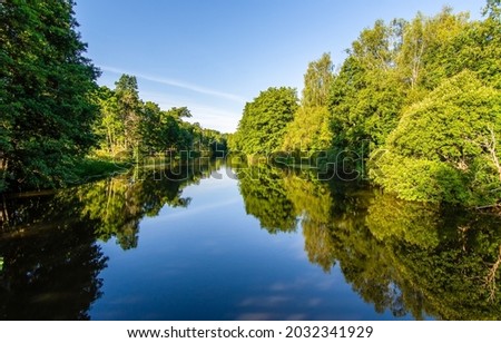 A calm river in a green forest. Forest river landscape. Forest river reflection. River in forest