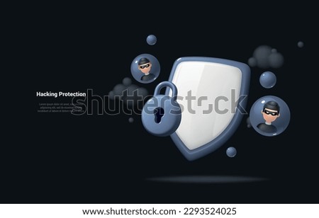 Hacking protection concept. Realistic 3d shield and lock protection with icons of hackers faces near. The concept of protection of personal data. Landing page on dark background. Cartoon 3d style.