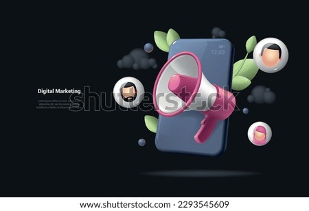 3D megaphone loudspeaker with mobile phone warning concept. Cartoon 3d illustration megaphone speaker or loudspeaker bullhorn for announce promotion. Landing page on dark background. Plastic 3D style.