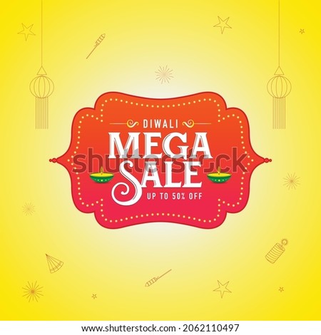 Diwali mega sale offer festival logo unit banner with lamp and cracker celebration background,  Label, Web Header, Vector, illustration, Tag, Diwali Celebration background, Sign, Symbol, 50%off. Stock foto © 