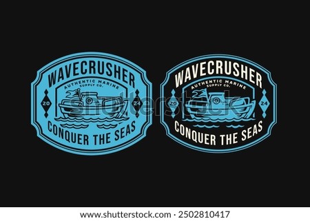 navy ship with sea waves retro badge logo design for sailors, cruises and adventure. nautical sailing boat or yachting with sea waves vintage emblem logo collection for shipping company business 