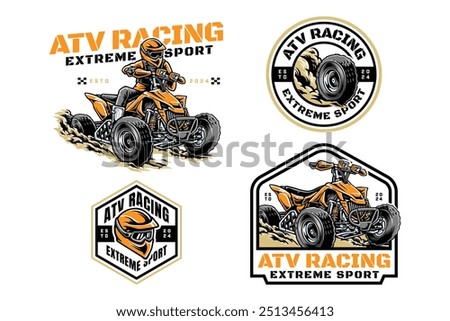 ATV rider and vehicle logo design for extreme sport. All-terrain vehicle off-road 4x4 quad and ATV quad racing sign symbol modern logo. ATV helmet and tire sport emblem badge logo illustration