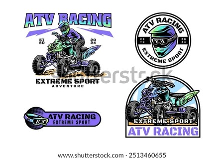 ATV rider and vehicle logo design for extreme sport. all terrain vehicle, off road 4x4 quad and ATV racing sign symbol modern logo. ATV helmet and goggles sport emblem badge logo illustration