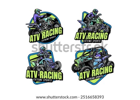 ATV and off road rider logo design collection for extreme sport and adventure. all terrain vehicle 4x4 quad racing emblem logo set. ATV standing speed sport badge logo illustration bundle