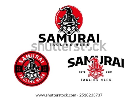 warrior, samurai, ronin, ninja with helmet, armor, demon mask, sun background logo design illustration collection with retro and badge style for gaming, sport club mascot and merchandise designs