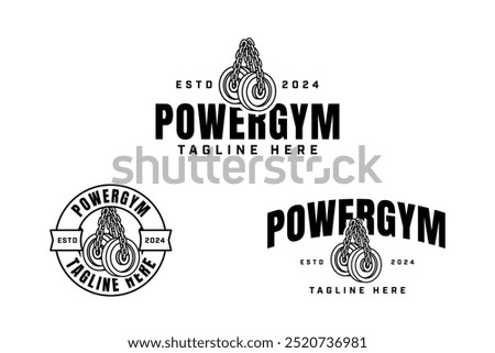 barbell plates hung with chains outline badge logo design set for gym fitness sport and competition.  barbell plates with chains illustration logo template for bodybuilding, weightlifting club 