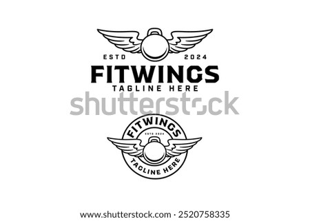 kettle bell with angle wings outline badge logo design set for gym fitness sport and competition.  kettlelbell with wings illustration modern logo template for bodybuilding, weightlifting club 