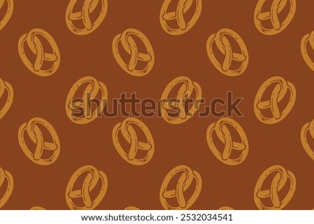 pretzel with oval shape filled flat pattern on brown background. doodle pretzel baked pastry symbol seamless pattern background. retro oval pretzel shape seamless pattern for decor and merchandise