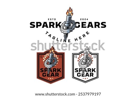 spark plug with fire and gear colorful and outline logo design set for garage, automotive, motorcycle club vehicle sparking plug, serration illustration badge logo template for rider, racing sport 