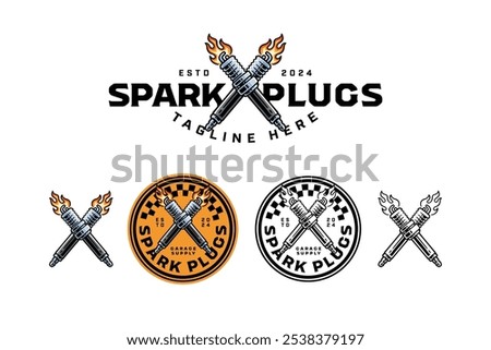 sparking plug with fire crossed colorful and outline logo design set for garage, automotive, motorcycle club vehicle spark plug with flame illustration badge logo template for rider, racing sport 