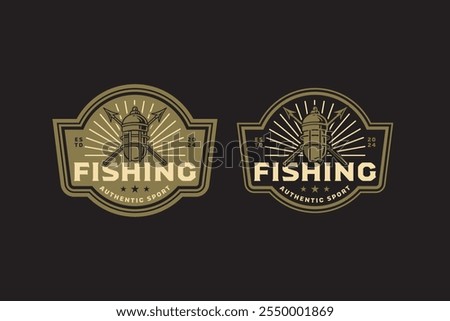 fishing light with spear, fisherman lamp with pike retro badge logo design set. fishing sign with javelin, lance vintage emblem logo collection for fisherman, fishing gear, sport and competition