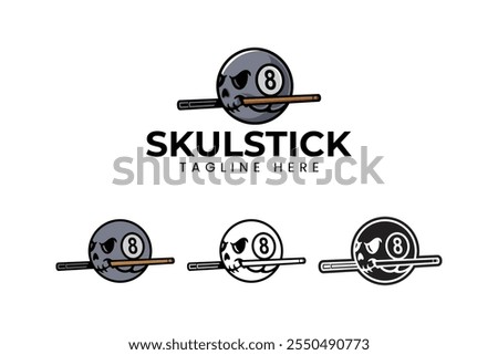 skull black ball billiard bites stick meteor logo design. head skull pool ball with cue stick modern element design. grim skull ball snooker illustration logo for billiard sport club and tournament