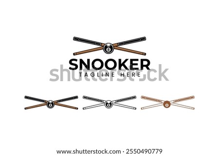 black ball billiard with stick crossed logo design. 8 ball pool with cue crossed vector element design. ball snooker with stick crossed icon illustration logo for billiard sport club and tournament