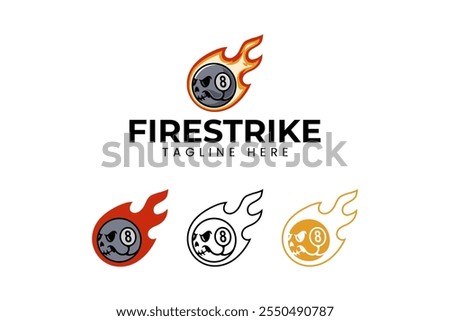 skull with black ball billiard and fire meteor logo design. head skull with 8 ball flame comet modern element design. grim skull snooker ball illustration logo for billiard sport club and tournament