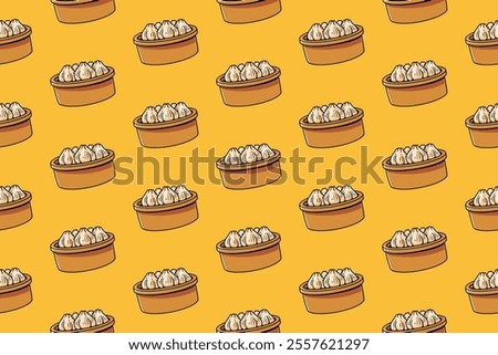 bakpao chinese dumpling on steamer illustration seamless pattern on yellow background for restaurant and cafe decor and merchandise. seamless pattern of bakpao chinese dim sum vector background 