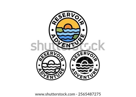 ocean with island and sunset circle badge vector illustration template graphic design collection with colorful, filled and line art style for adventure and outdoors merchandise and other uses.