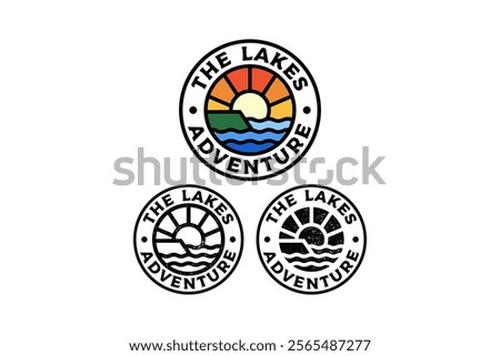 ocean with coast and sunset circle badge vector illustration template graphic design collection with colorful, filled and line art style for adventure and outdoors merchandise and other uses.