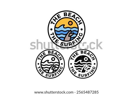 sea wave with surf board and sunset circle badge vector illustration template graphic design collection with colorful, filled and line art style for adventure and outdoors merchandise and other uses.