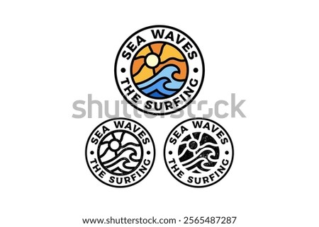 big sea wave with sunset circle badge vector illustration template graphic design collection with colorful, filled and line art style for adventure and outdoors merchandise and other uses.