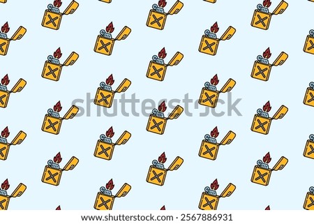 fire lighter with jerrycan shape colorful doodle seamless pattern on blue background. retro lighter fire background. classic fire lighter wallpaper. pattern background with fire lighter for adventure