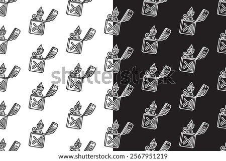 fire lighter with jerrycan shape doodle seamless pattern on black white background set. engraving lighter background. lighter hatching wallpaper. pattern background with fire lighter for adventure