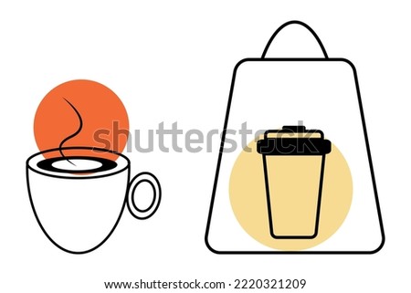 A set of two elements such as a cup and a takeaway glass on a background of colored spots. Isolate.