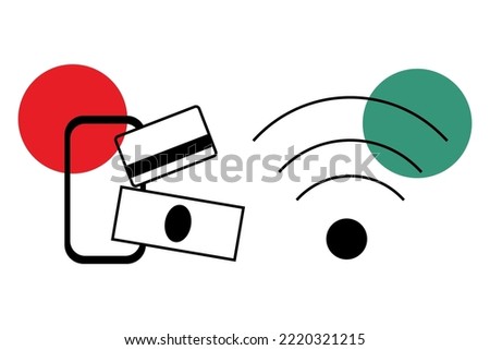 Set of two items such as icons of wi-fi and phone with an abstract image of money and a payment card