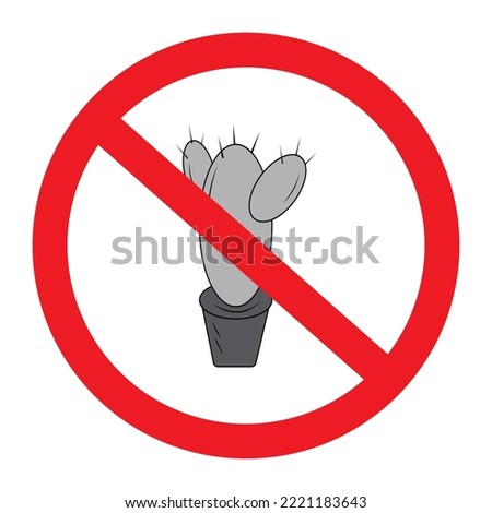 Cactus in a flower pot under a prohibition sign in gray tints. Sticker. Icon. Isolate.