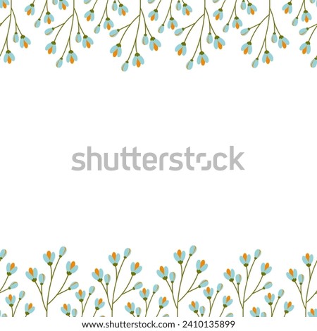 Double sided frame with top and bottom border of blooming twigs. Copy space. Summer design concept