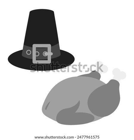 Pilgrim Hat and Roasted Turkey Classic Thanksgiving Symbols in grayscale. Logo Icon design concept