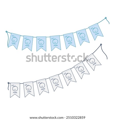 Blue Monday greeting Pennants garland on string with sad emoticon in trendy monochrome blue Set of 2