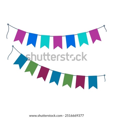 Colorful pennants garlands on rope in trendy bright shades. Set of 2 greetings design elements idea