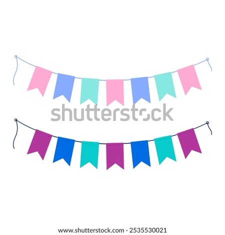 Pennants on a rope in trendy soft pink, mint, blue and bright fuchsia, blue and turquoise. Set of 2