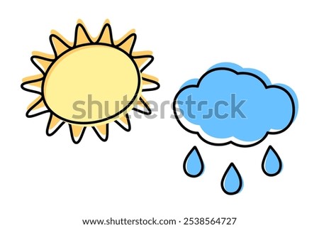 Stylized Sun with rays and cloud with drops Simple linear icon with color fill not along contour