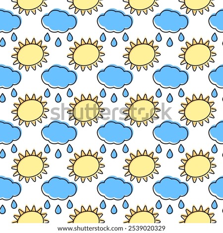 Outline Cloud with drops Sun with rays filled not along contour Seamless pattern. Seasonal packing