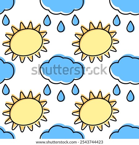 Outline Sun with rays and Cloud with drops filled not along contour Seamless pattern. Seasonal fond