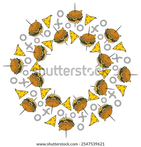 Burger on stick Chees, onion, salad leaves, sesame bun Circle frame border. Fast food Day Template