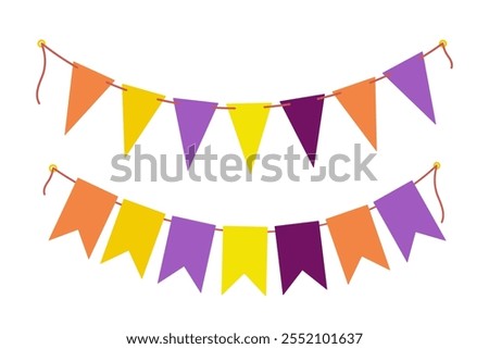 Festive Pennant garland on rope in trendy Halloween colors orange, yellow and purple. Set 2 elements