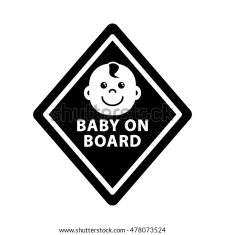 Baby on board sign on black rhombus, monochrome symbol, outline icon, flat vector illustration