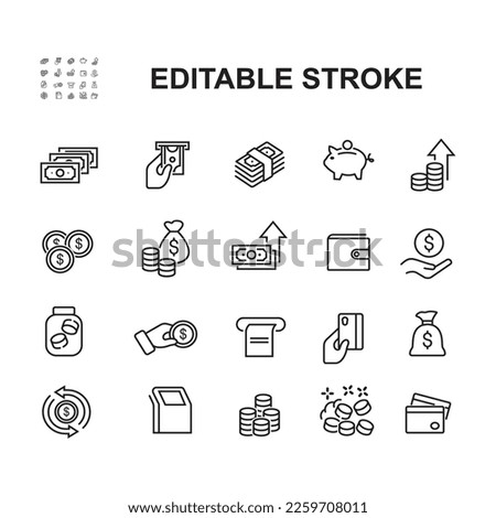 Simple Set of Money Related Vector Line Icons. Contains such Icons as Wallet, ATM, Bundle of Money, Hand with a Coin and more. Editable Stroke.