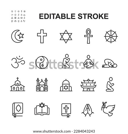 Simple Set of Religion Related Vector Line Icons. Contains icons such as places of worship, religious symbols, worship.
Editable Strokes.