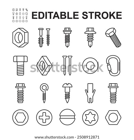 Collection of fastener icons. Various fasteners such as bolts, nuts, washers, screwdriver head shapes.