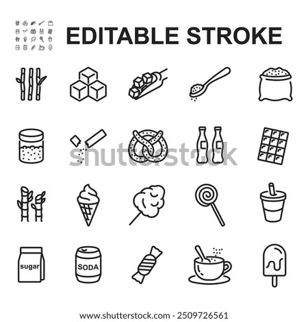 Collection of thin line style sugar icons. Contains icons such as rock sugar, granulated sugar powder, sweet food.