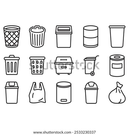 Collection of trash can icons. Thin line vector, contains various models of trash cans.