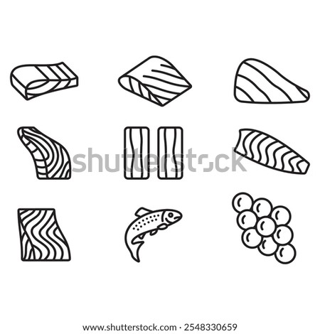 Collection of salmon fish icons in thin line style. Thinned line vector. Contains salmon ikoan meat cut icon.