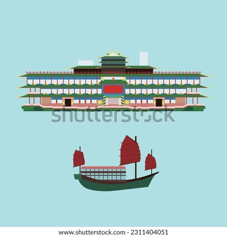 Hong kong landmark.Hong kong two landmark which is yacht club and Aqua Luna. Boat and yacht club of green color elements.Hong Kong harbor of Aberdeen.Hong kong landmark of Jumbo Kingdom.