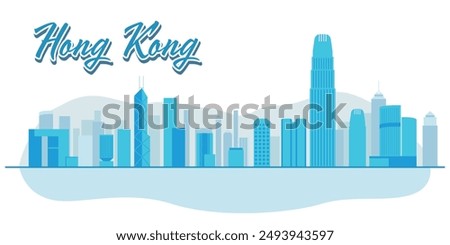 Hong Kong City skyline horizontal banner. Travel architecture silhouette with blue misty transparent background buildings of HONG KONG, CHINA. Famous landmarks of China in Asia.