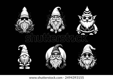 set of gnomes vector art illustration silhouette logo design black and white 