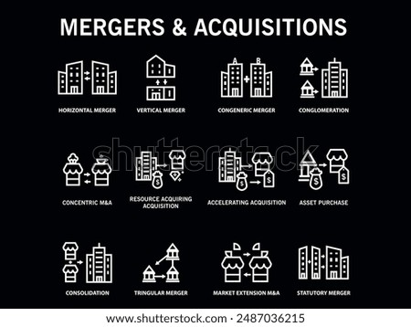 type of mergers and acquisitions outline icon collection.business share and takeover pictogram vector isolated on black brackground