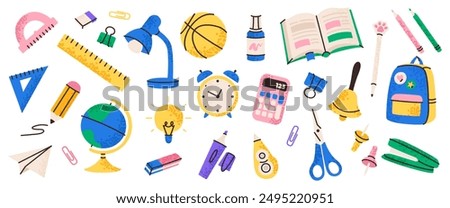 School supplies set, vector illustration, cartoon style, isolated on white background